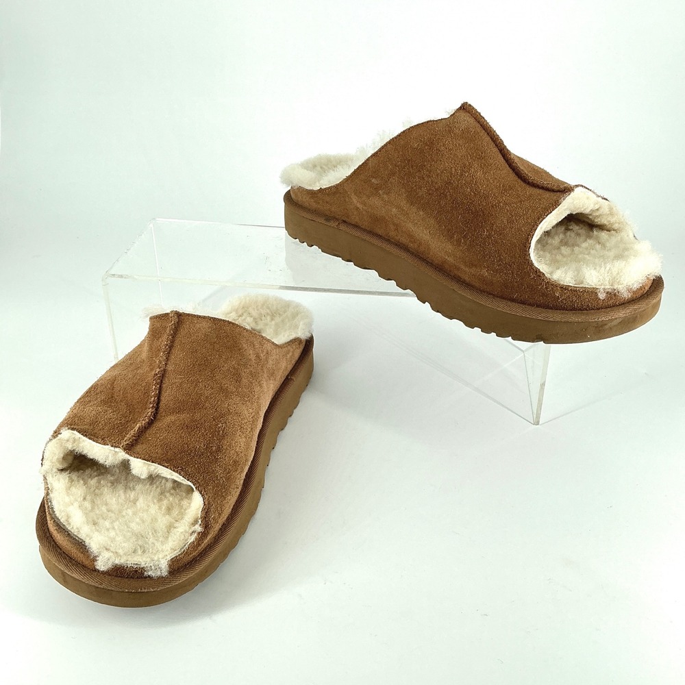UGG Womens Size 11 Open Toe Chestnut Suede Sheepskin Slides Greenport Slippers - Picture 3 of 11